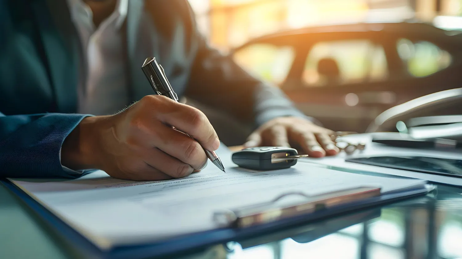 Homem assina documentos com chave de carro, resolvendo multas de veículo vendido.