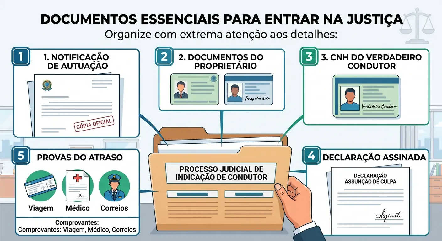 Documentos para processo judicial de indicação de condutor: CNH, provas e declaração.