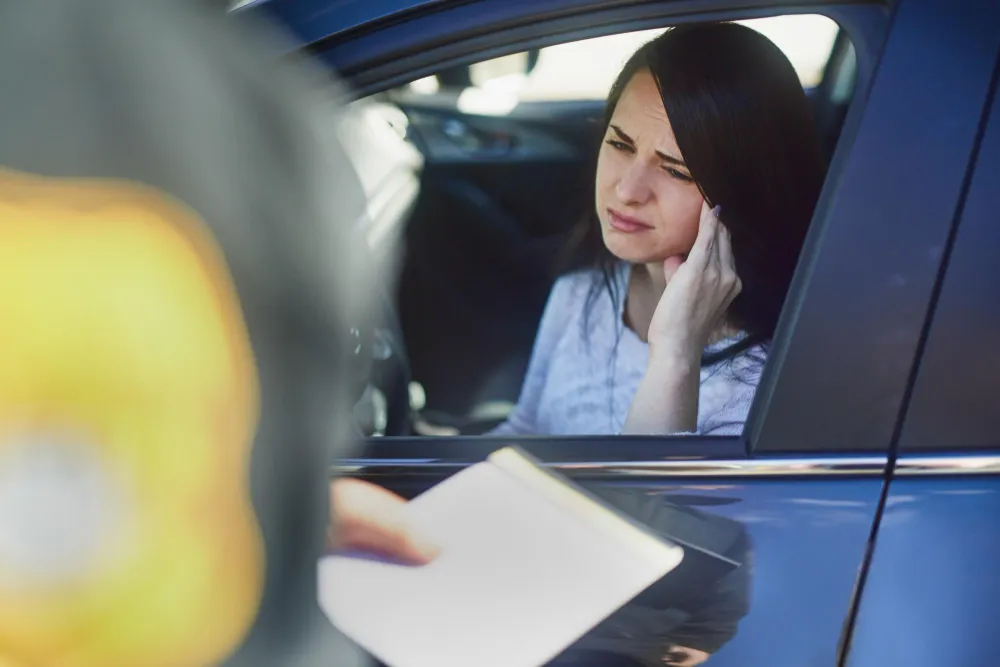 Mulher preocupada no carro, pois fui multado mas não assinei nada.